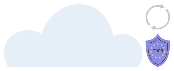 Cloud with GDPR shield symbolizing data privacy, surrounded by data transfer icon. Ideal for data security, privacy protection, compliance, cloud computing, legislation, technology policy, simple