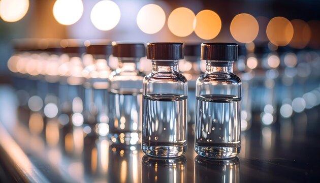 Fila de viales m&eacute;dicos transparentes con l&iacute;quido sobre superficie met&aacute;lica iluminada en laboratorio moderno