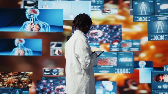 Doctor excited to share latest neurology research innovations to audience, showing human organs. Female scientist pleased to show futuristic xray scans during key note presentation, camera A