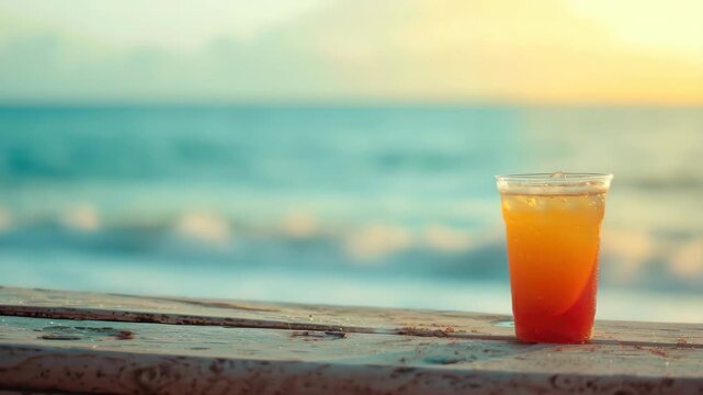 Sip on a cool beverage while enjoying the soothing sounds of the waves and the beautiful view of the ocean. A perfect beach day captured in this .