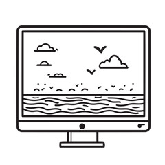 drawn black and white line art illustration of monitor displaying a vibrant art piece