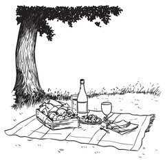 drawn black and white line art illustration of picnic setup in a meadow