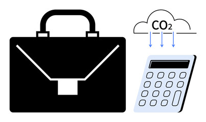 Briefcase, cloud labeled CO2, and calculator represent carbon footprint, emissions, eco-friendly business, corporate responsibility, green strategies, climate awareness calculation efficiency. Ideal