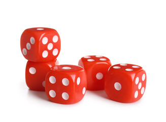 Heap of red game dices isolated on white background, closeup