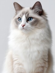 Obraz premium A Majestic Ragdoll Cat with Striking Blue Eyes Showcasing Its Fluffy Coat and Graceful Presence Against a Clean Background