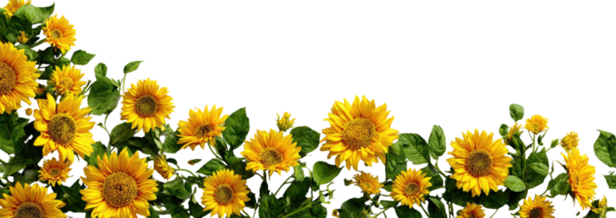 Bright yellow sunflowers in a border arrangement against a black background