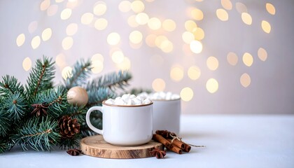 Tazas de cacao con malvaviscos junto a ramas de abeto y luces cálidas de fondo en ambiente navideño acogedor