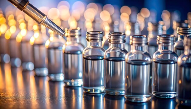 Viales m&eacute;dicos alineados con pipeta de laboratorio y reflejos azules y dorados en entorno cient&iacute;fico moderno