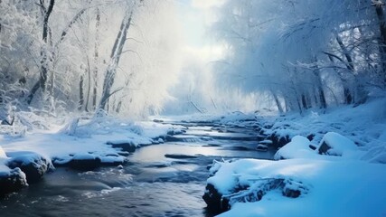 A serene snowy landscape featuring a forest stream in winter. - Powered by Adobe