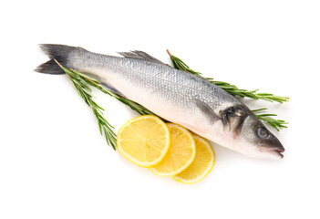 Fresh seabass fish, slices of lemon and rosemary twigs isolated on white background, closeup