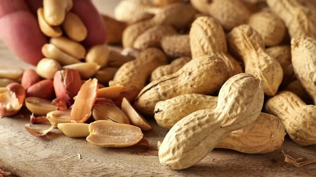 Peanut butter ingredient.Peanuts. Groundnuts.fingers peeling peanut kernels from their shells. 4k footage