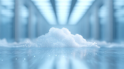 Cloud floating in futuristic server room, concept of cloud computing, data storage and digital technology.