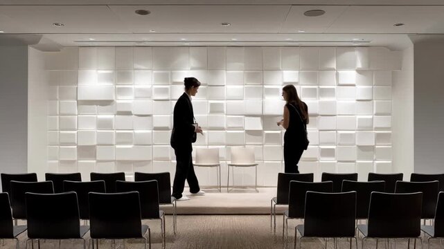 Detailed medium shot of textured soundproof panels in a modern lecture hall designed to optimize audio quality and minimize distractions.