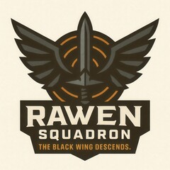 Obraz premium Emblem with wings, sword, and text on light background.