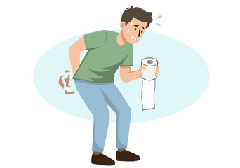 Illustration of a young man looking for a restroom because he has diarrhea.