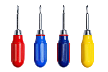Four colored screwdrivers, arranged in a horizontal row against a black background.  Each screwdriver features a  metal shaft and a colored plastic handle.  The handles exhibit a ribbed/ridged texture
