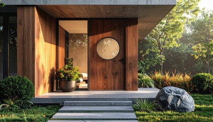 Modern House Entrance: An inviting entrance of a contemporary house blends natural elements with sleek design, features a wooden door with a unique circular window or decor.