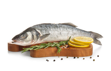 Cutting board with fresh seabass fish, lemon slices and rosemary twigs isolated on white background, closeup