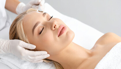 Facial treatment with serum application on relaxed woman with closed eyes, smooth skin, and blonde hair, receiving professional skincare in spa environment