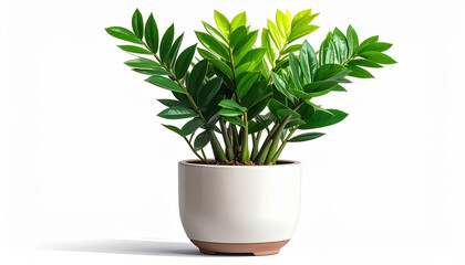 Zamioculcas plant with glossy green leaves in modern white ceramic pot, isolated on white background, bright natural light highlighting healthy foliage and smooth texture