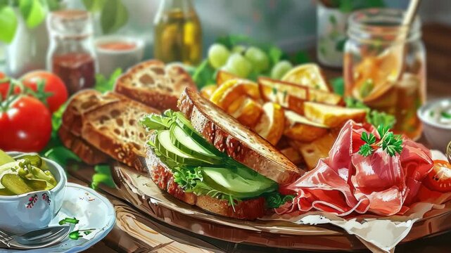 A vibrant and appetizing food platter featuring a variety of sandwiches, bread slices, meats, vegetables, and condiments on a wooden table.