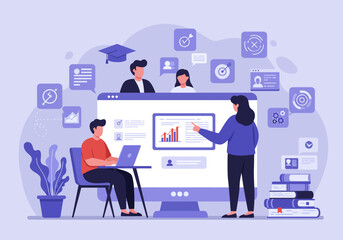 Illustration depicting online education, with students and instructors interacting digitally.