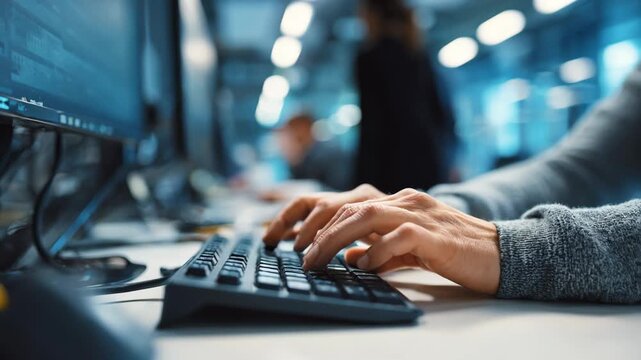 Focused professional efficiently entering data on a computer keyboard highlighting manual input speed and precision in a modern office setting.