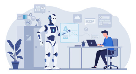 Illustration of a man working on a laptop with a robot standing nearby in an office setting.