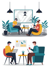Two pairs of individuals working on laptops in comfortable, modern indoor settings.
