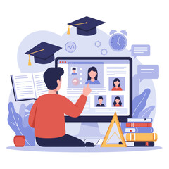 A person attending an online class on a computer screen, with books and a graduation cap.