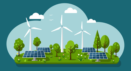 Illustration of a renewable energy landscape featuring wind turbines, solar panels, trees, and clouds on a green field.