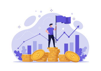 Man stands on a stack of coins, holding a flag, with a rising graph in the background.