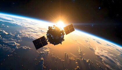 Satélite orbitando la Tierra al amanecer con vista del planeta y el sol naciente desde el espacio exterior