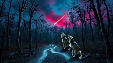 Two wolves howl at a vibrant pink and blue meteor streaking across the dark, eerie forest sky at night