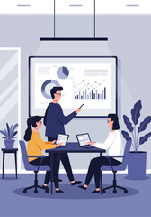 A business team collaborating during a presentation, analyzing data on a screen.