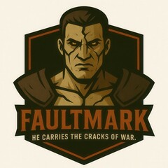 Emblem featuring a stern, muscular warrior with facial scars.