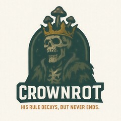 Skeletal king with mushrooms on crown reigns eternally over decay.