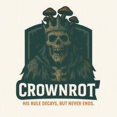 Skull king with crown and mushrooms wears a decaying robe.