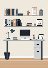 Illustration of a workspace with a desk, computer, lamp, shelves, and various office supplies.