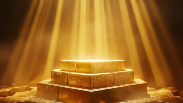 A golden pyramid sits atop a stack of gold bricks. The pyramid is the tallest and most prominent feature of the scene, drawing the viewer's attention. The bricks are arranged in a pyramid shape