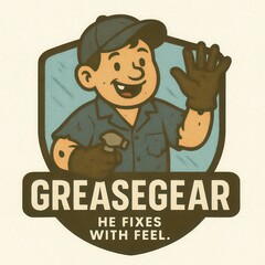 Cartoon mechanic with spray bottle and glove waves hello.