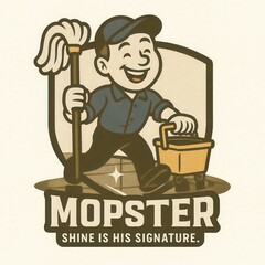 Cheerful cartoon cleaner with mop and bucket runs across sparkling floor.