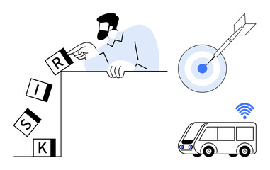 Hand rearranging RISK blocks near the edge, bullseye with dart in center, smart vehicle with wireless signal. Ideal for risk management, decision-making, goals, strategy, technology, innovation
