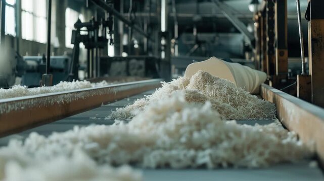 A modern rice processing plant with machinery and conveyor belts for efficient sorting and packaging of grains.