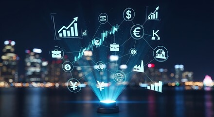 Financial Growth Projection: A mesmerizing visual representation of economic growth and financial analysis, showcasing interconnected data streams, charting tools, and currency symbols.