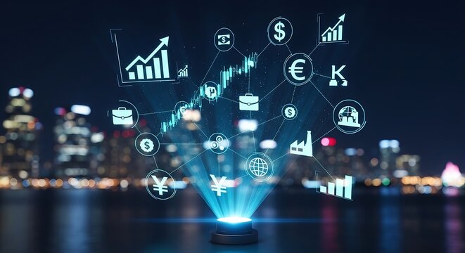 Financial Growth Projection: A mesmerizing visual representation of economic growth and financial analysis, showcasing interconnected data streams, charting tools, and currency symbols.
