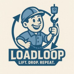 Cartoon worker in hard hat with crane hook and rope.