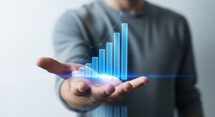 Success Growth and Hand: A person holds a luminous financial growth chart, symbolizing progress, upward mobility, and the realization of ambition in the business realm.