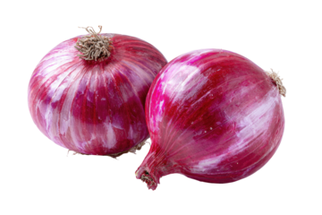 Two vibrant red onions, mottled with white, sit side-by-side, showcasing their textured skins