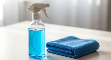 Cleaning Essentials: A close-up shot of a spray bottle filled with blue liquid, accompanied by a folded cloth, representing domestic hygiene and sanitation